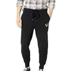 True Religion Black Gold Logo Drawstring Cotton Tapered Cuff Sweatpants Large